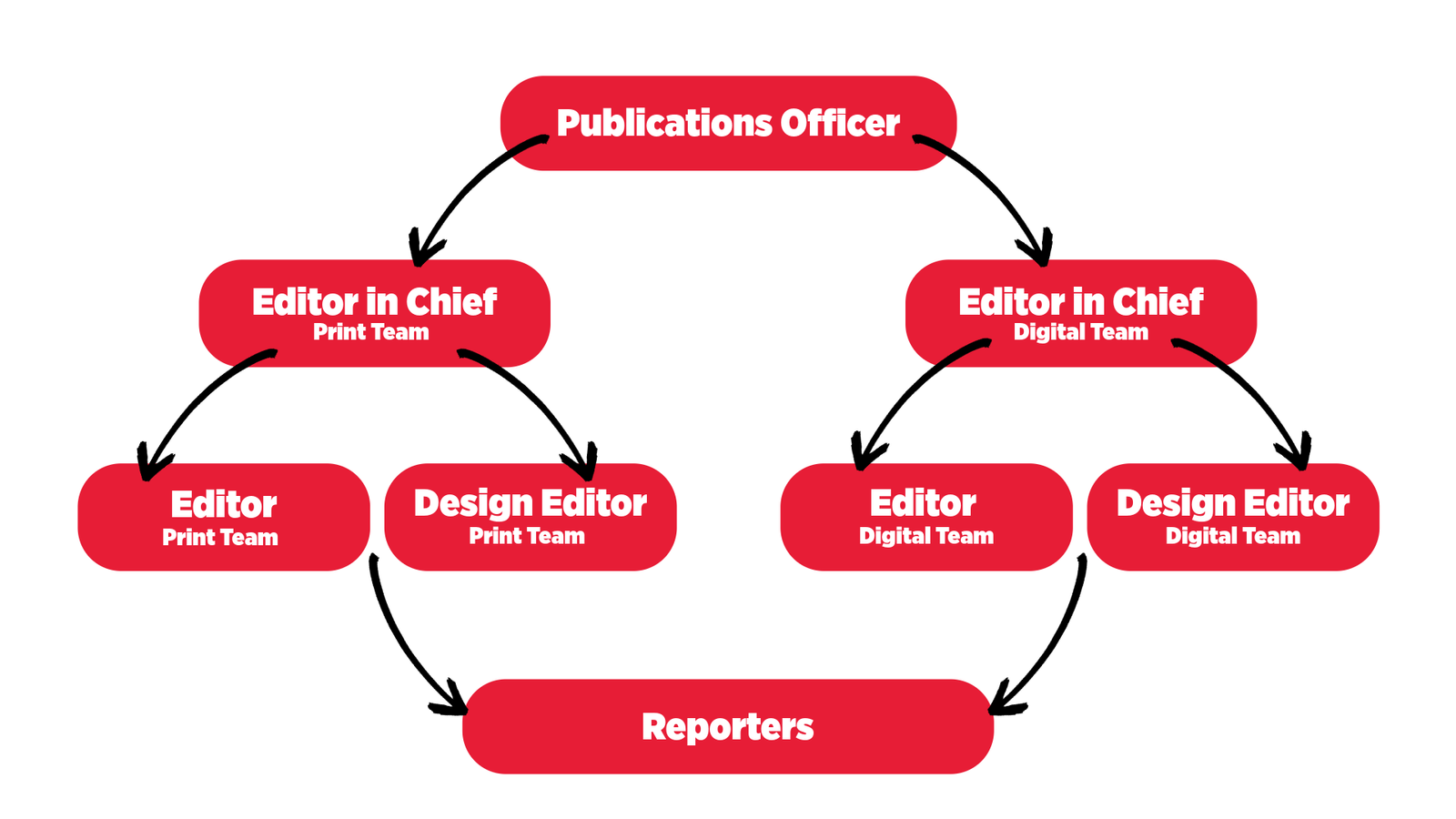 Publications Officer above Editors' in Chief on both Print and Digital Teams. Editors' in Chief above Editor and Design Editor of their respective teams, and reporters at the bottom of the chart below the entire editorial team.