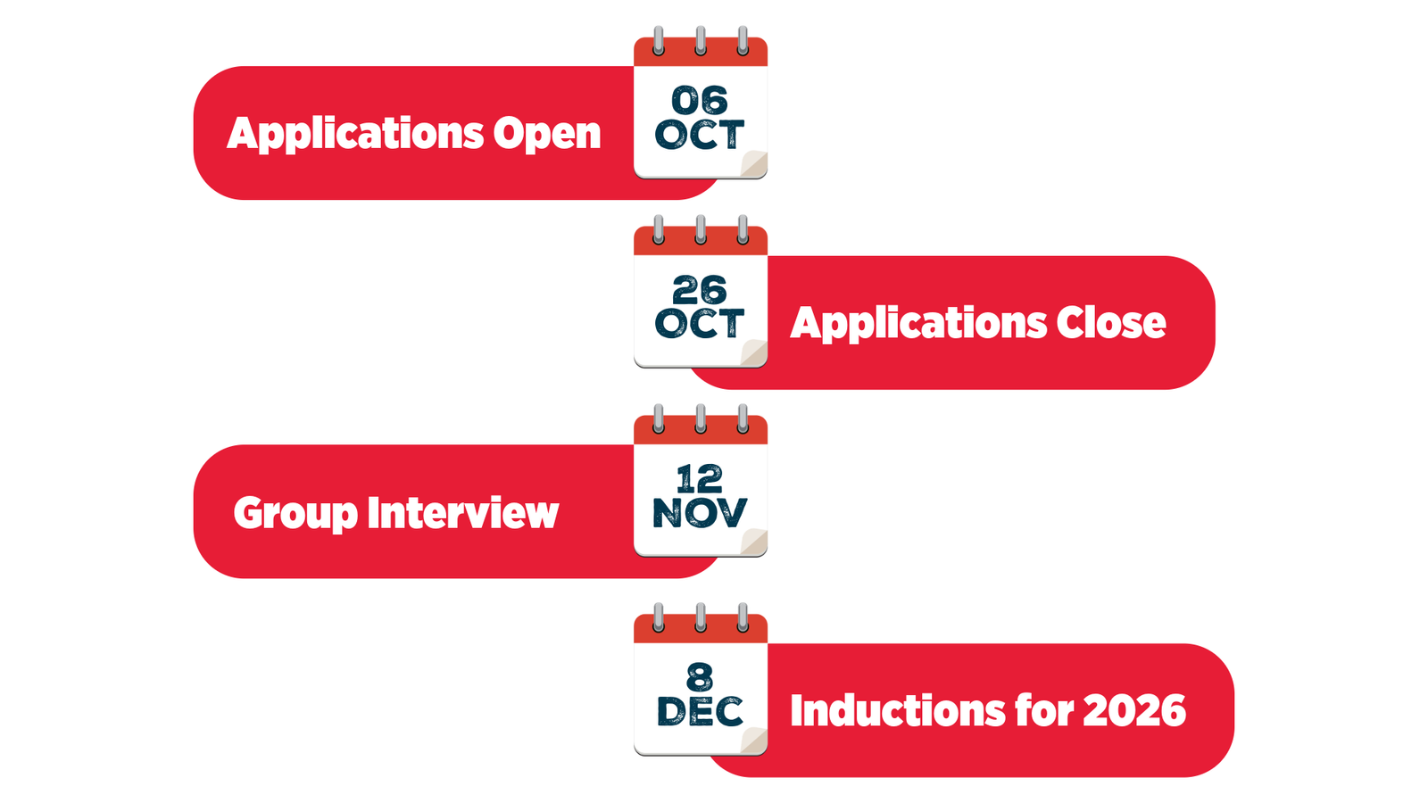 Applications Open 06 October Applications Close 26 October Group Interview 12 November Inductions 8 December