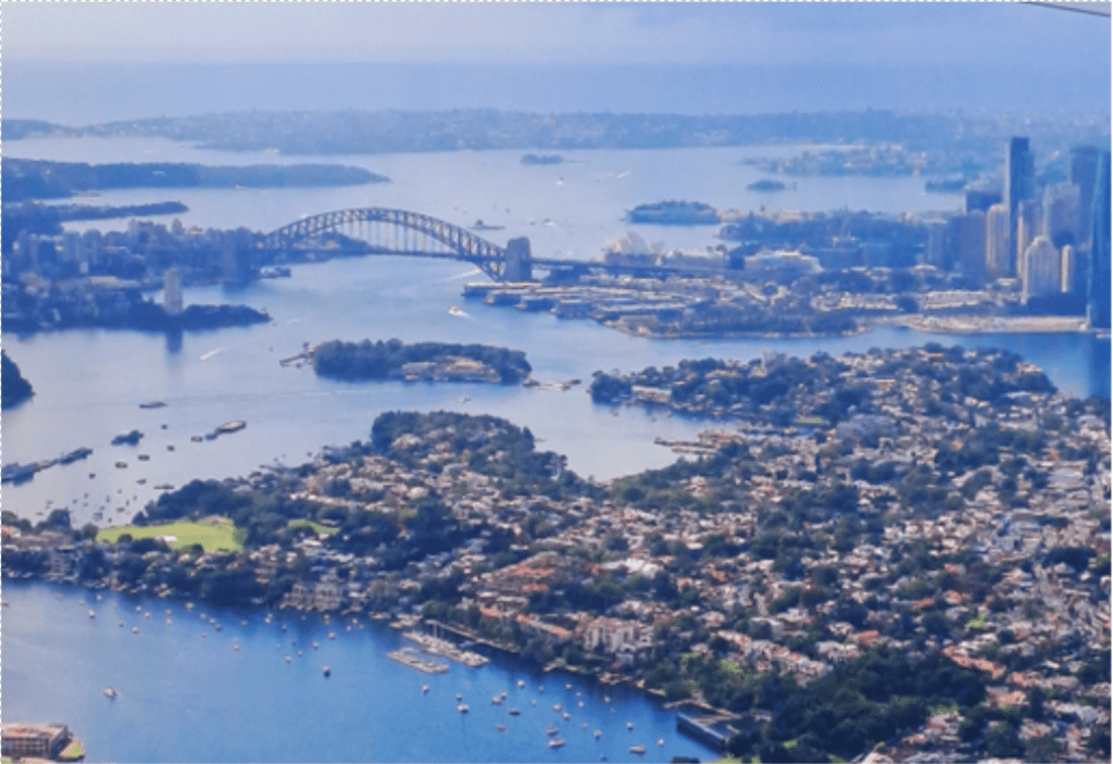 Image of Sydney harbor taken from an airplane as it lands.