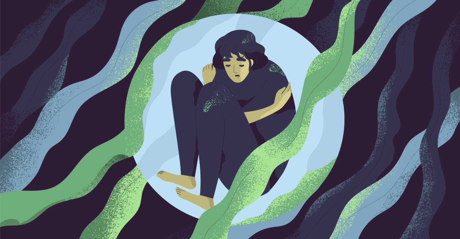 image of a person embracing themselves seated within a bubble of solitude, surrounded by green leaf-like patterns against a dark blue background