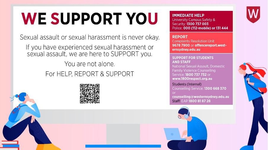 Poster developed by Western Sydney University to give students information on how to seek support after experiencing sexual harm.