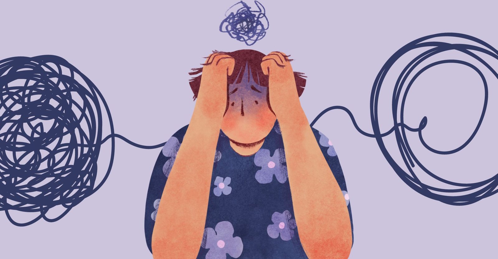 Cartoon of a stressed person clutching their hair with anxiety surrounding them.