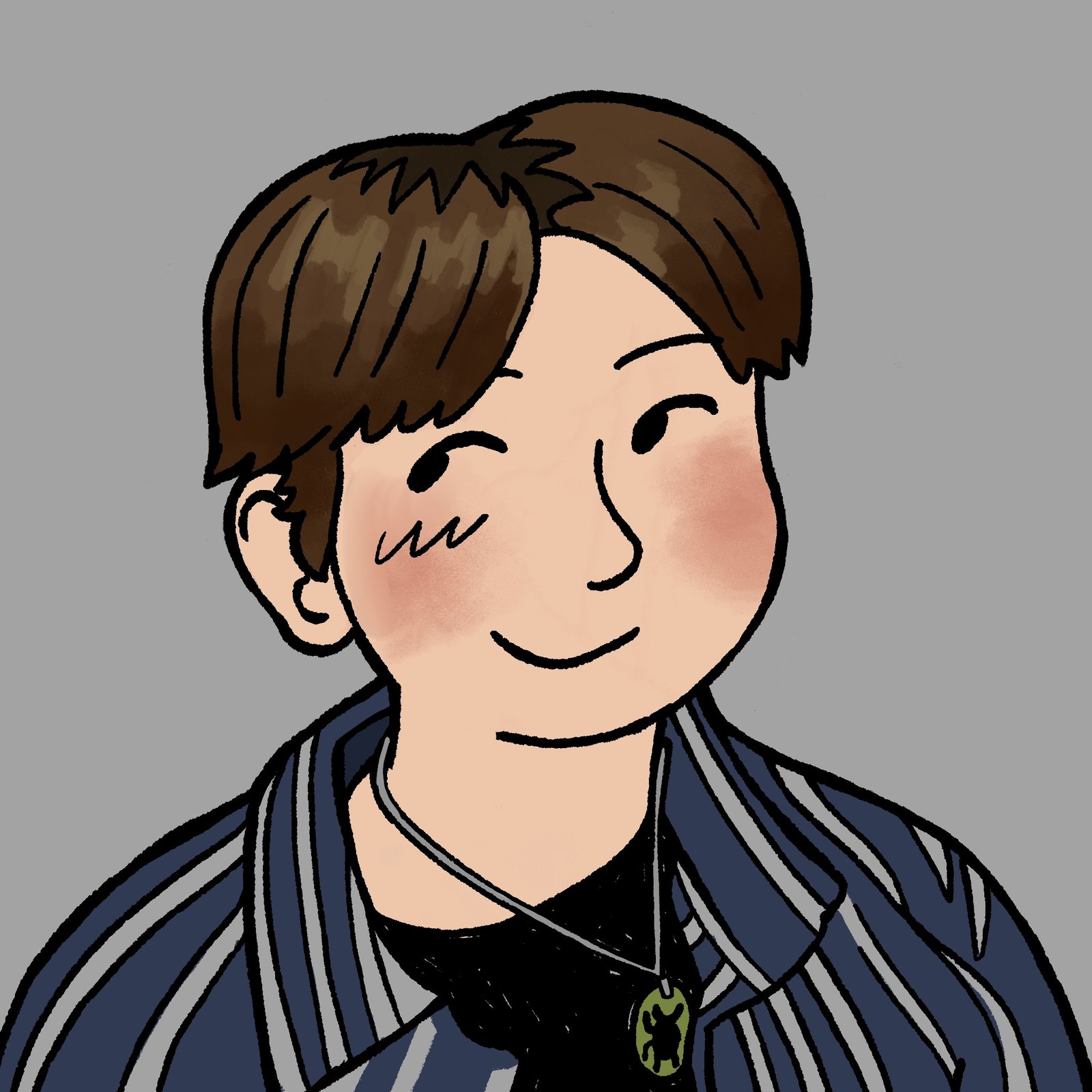 Jasper illsutrated with brown hair, blushing cheeks, pale skin, a smile, blue and white striped button up shirt worn open with a black shirt under, and a green stag beetle necklace.